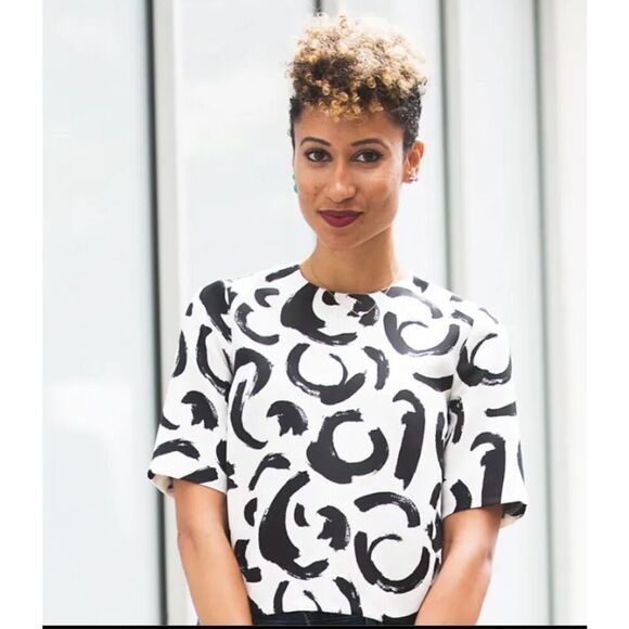 Choies vintage 90s white black swirl short sleeve boxy retro blouse artsy abstra - Picture 7 of 8